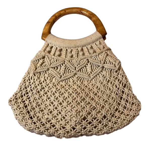 Vtg Mister Ernest Women's Cream White Boho Crochet Wood Purse Philippines - Picture 1 of 6